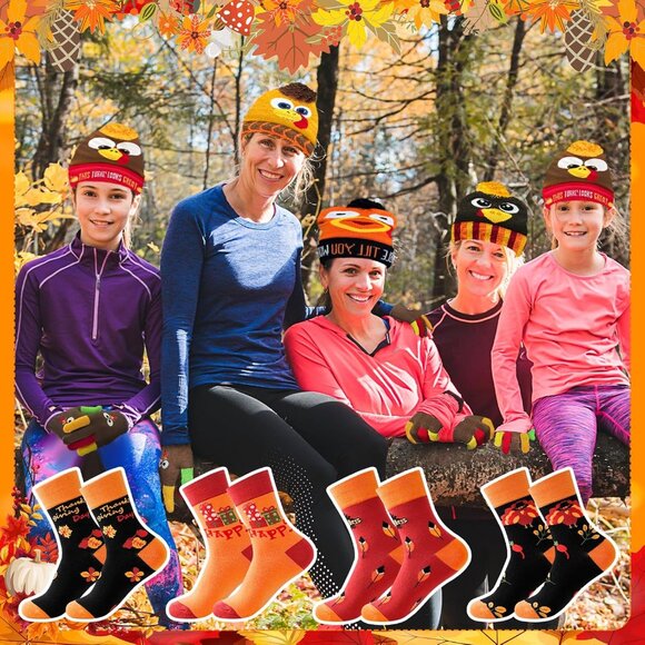Funny 12 Pcs Thanksgiving Costume Set: Cozy Beanie, Socks, & Gloves for All Ages - Picture 5 of 7